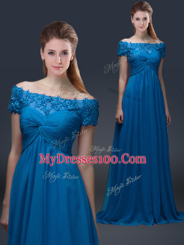 Hot Selling Chiffon Off The Shoulder Short Sleeves Lace Up Appliques Mother of Bride Dresses in Royal Blue