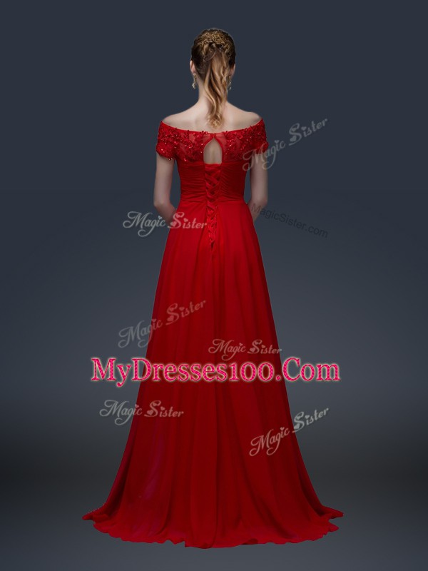 Hot Selling Chiffon Off The Shoulder Short Sleeves Lace Up Appliques Mother of Bride Dresses in Royal Blue