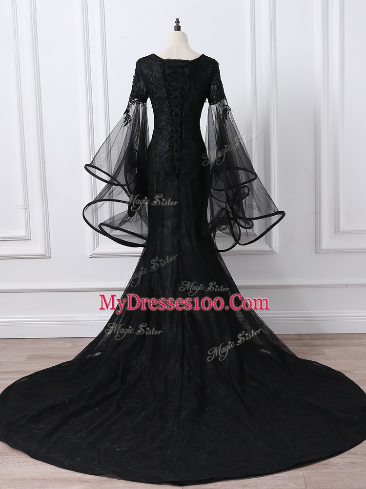 Elegant Black Lace Up Mother of Bride Dresses Lace and Appliques Long Sleeves Brush Train