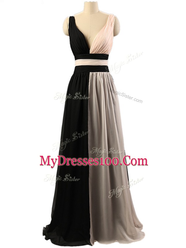 Decent White And Black Chiffon Criss Cross Court Dresses for Sweet 16 Sleeveless Floor Length Ruching