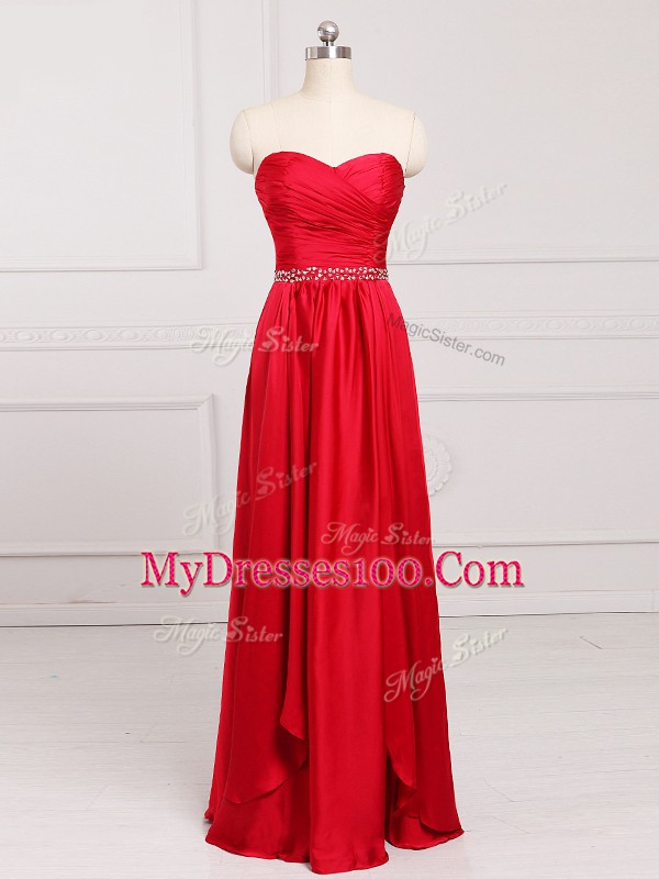 Red Sleeveless Floor Length Beading and Belt Zipper Wedding Party Dress