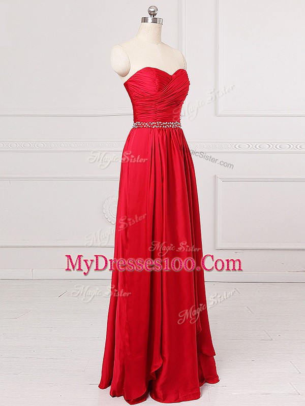 Red Sleeveless Floor Length Beading and Belt Zipper Wedding Party Dress