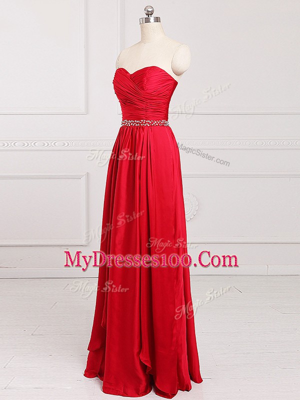 Red Sleeveless Floor Length Beading and Belt Zipper Wedding Party Dress