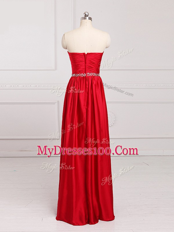 Red Sleeveless Floor Length Beading and Belt Zipper Wedding Party Dress