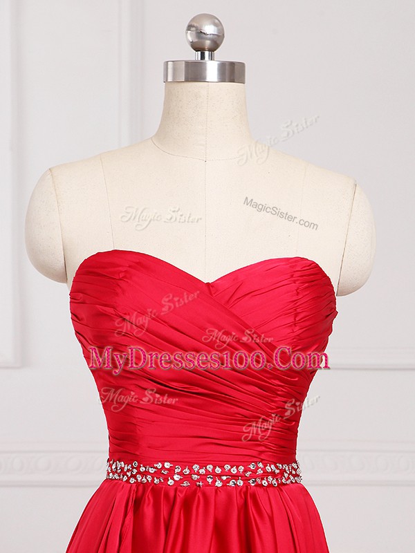Red Sleeveless Floor Length Beading and Belt Zipper Wedding Party Dress