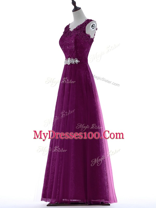 Deluxe Tulle Sleeveless Floor Length Prom Gown and Beading and Lace