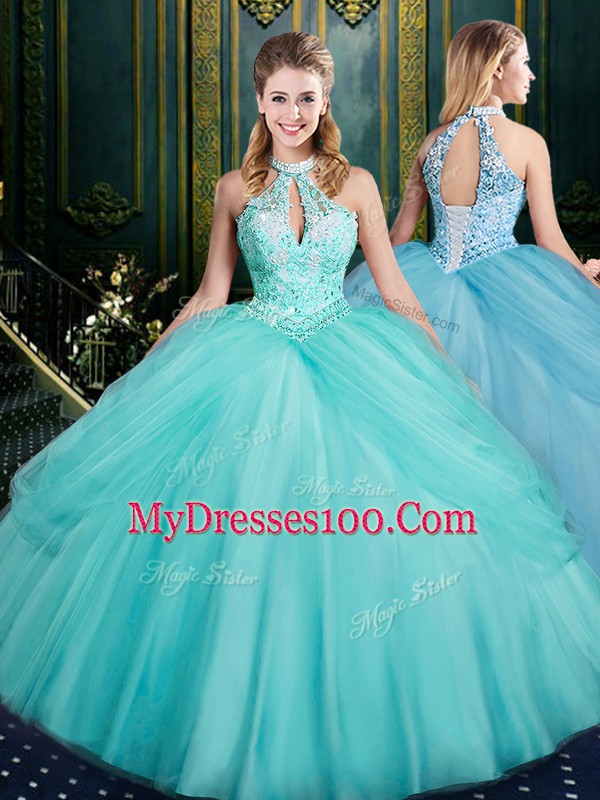 Captivating Aqua Blue Ball Gowns Tulle Halter Top Sleeveless Beading and Pick Ups Floor Length Lace Up Quinceanera Gowns