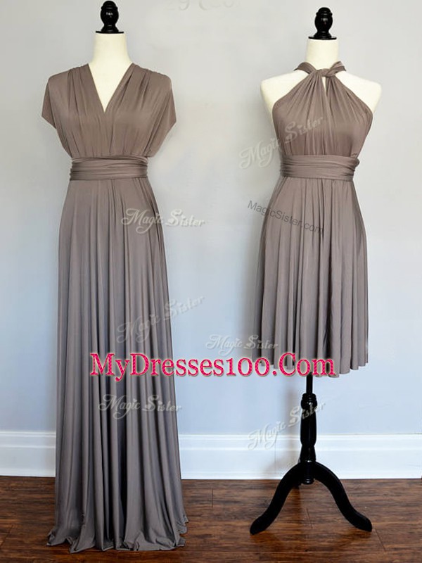 Grey Empire Chiffon Halter Top Sleeveless Ruching Floor Length Lace Up Bridesmaid Dresses