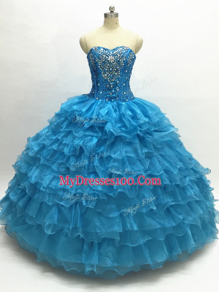Trendy Teal Lace Up Sweetheart Beading and Ruffles Sweet 16 Quinceanera Dress Organza Sleeveless