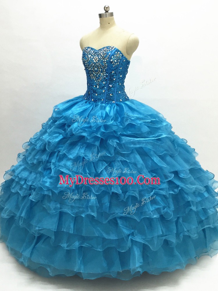 Trendy Teal Lace Up Sweetheart Beading and Ruffles Sweet 16 Quinceanera Dress Organza Sleeveless
