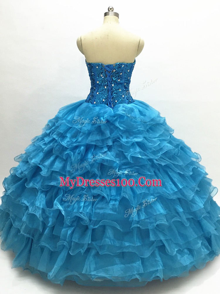 Trendy Teal Lace Up Sweetheart Beading and Ruffles Sweet 16 Quinceanera Dress Organza Sleeveless