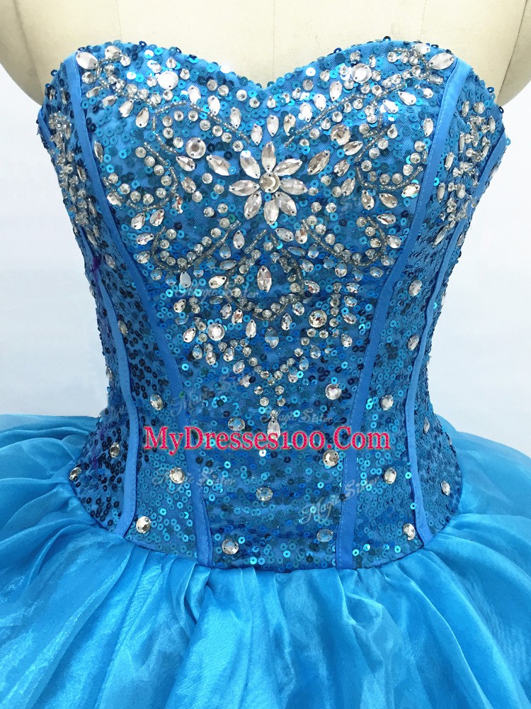 Trendy Teal Lace Up Sweetheart Beading and Ruffles Sweet 16 Quinceanera Dress Organza Sleeveless