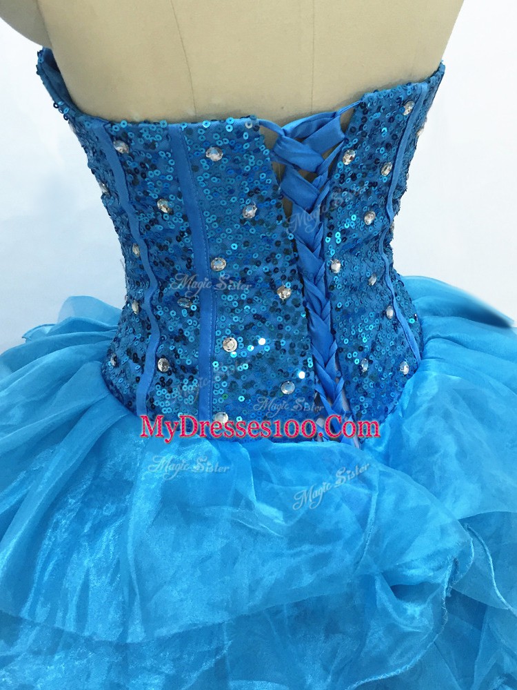 Trendy Teal Lace Up Sweetheart Beading and Ruffles Sweet 16 Quinceanera Dress Organza Sleeveless