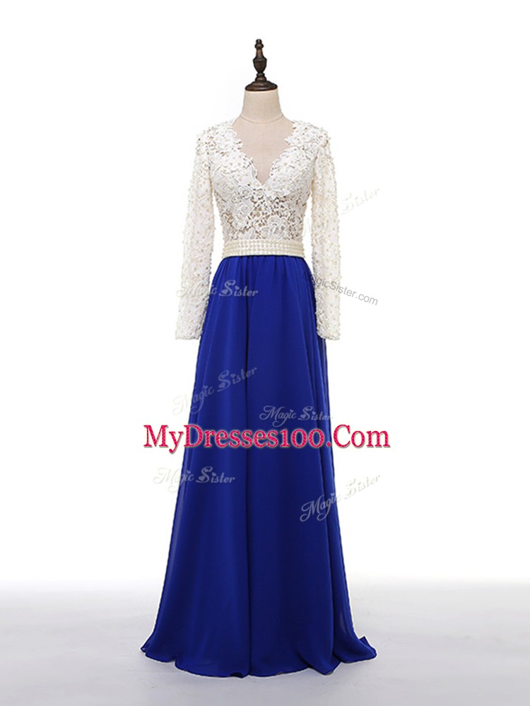 Long Sleeves Chiffon Floor Length Zipper Mother of Bride Dresses in Blue And White with Lace and Appliques