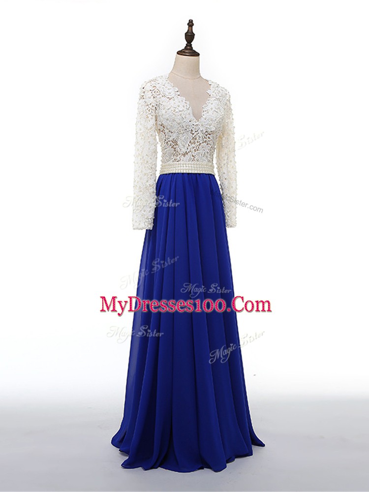 Long Sleeves Chiffon Floor Length Zipper Mother of Bride Dresses in Blue And White with Lace and Appliques