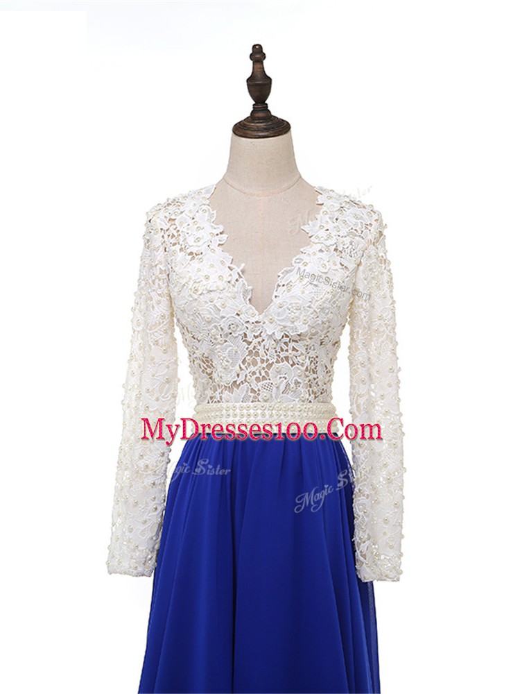 Long Sleeves Chiffon Floor Length Zipper Mother of Bride Dresses in Blue And White with Lace and Appliques