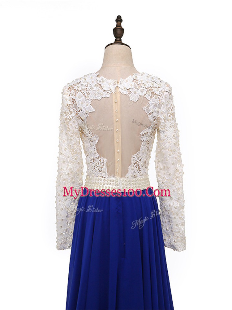 Long Sleeves Chiffon Floor Length Zipper Mother of Bride Dresses in Blue And White with Lace and Appliques