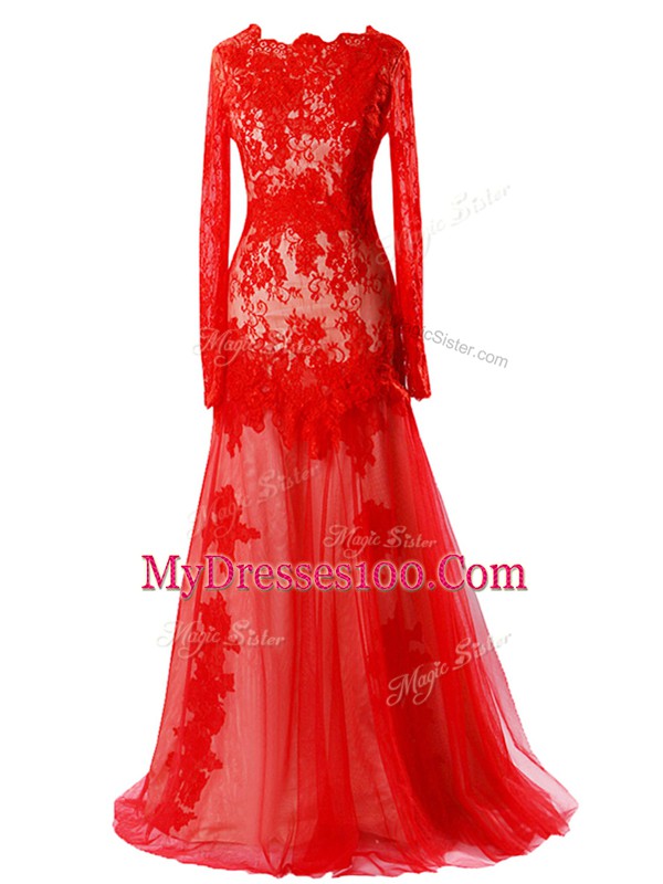 Tulle Scalloped Sleeveless Zipper Beading and Lace Prom Gown in Red