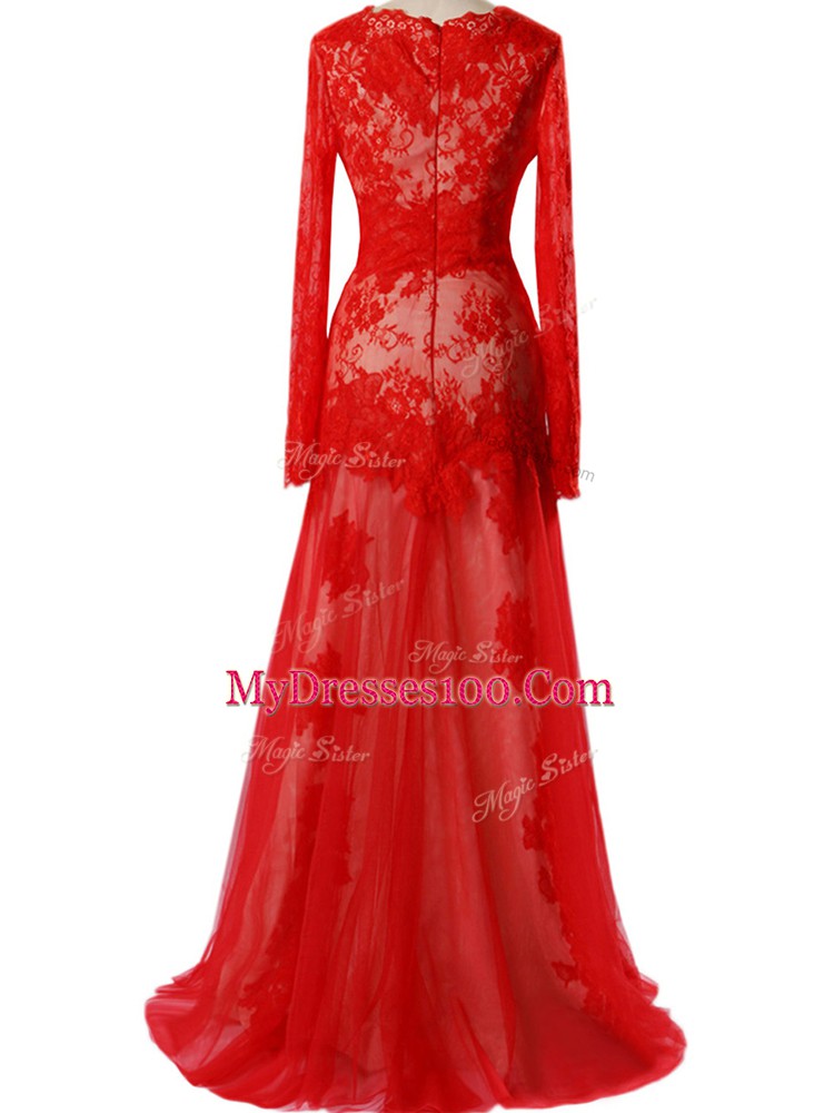 Tulle Scalloped Sleeveless Zipper Beading and Lace Prom Gown in Red