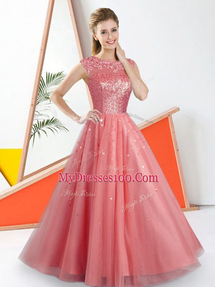 Beading and Lace Quinceanera Court Dresses Watermelon Red Backless Sleeveless Floor Length