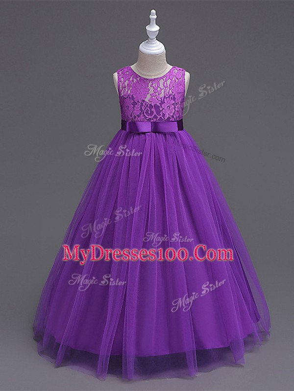 Simple Scoop Sleeveless Flower Girl Dress Floor Length Lace Purple Tulle