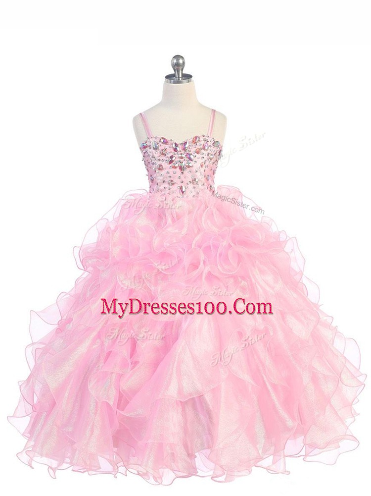 Dramatic Floor Length Ball Gowns Sleeveless Baby Pink Pageant Gowns For Girls Lace Up