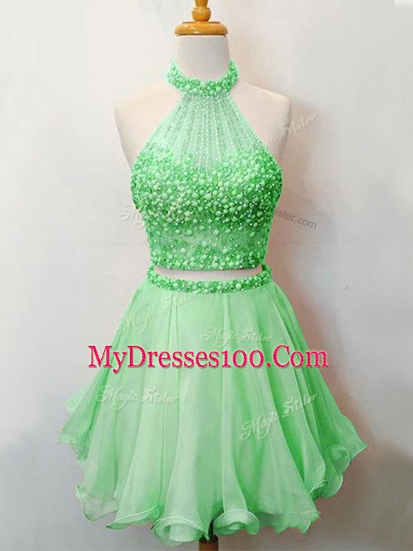 Beading Dama Dress Green Lace Up Sleeveless Knee Length