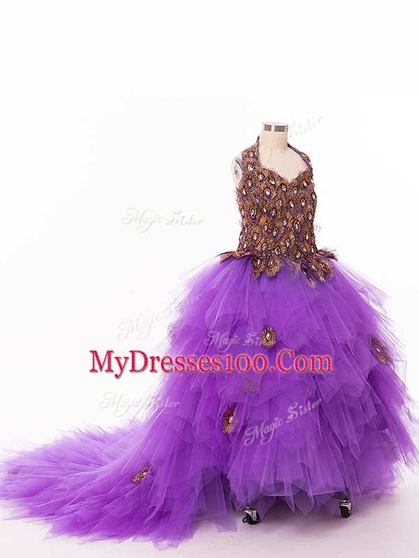 Eggplant Purple Halter Top Neckline Ruffles Little Girls Pageant Dress Sleeveless Lace Up