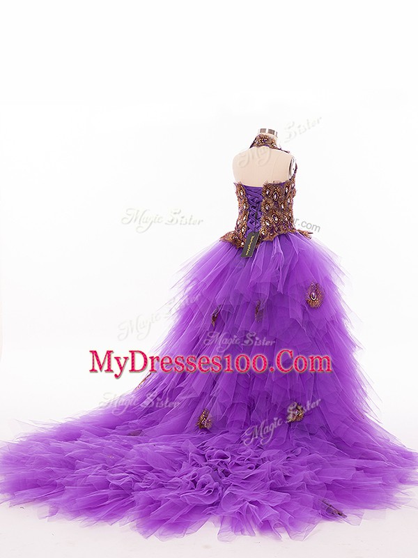 Eggplant Purple Halter Top Neckline Ruffles Little Girls Pageant Dress Sleeveless Lace Up