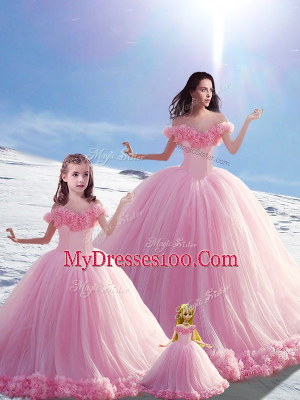 Modest Hand Made Flower Sweet 16 Quinceanera Dress Baby Pink Lace Up Sleeveless Brush Train