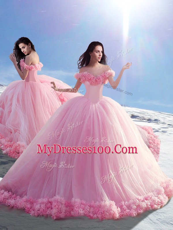Modest Hand Made Flower Sweet 16 Quinceanera Dress Baby Pink Lace Up Sleeveless Brush Train
