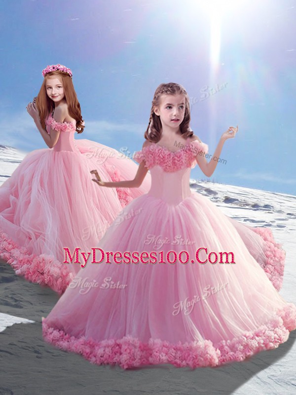 Modest Hand Made Flower Sweet 16 Quinceanera Dress Baby Pink Lace Up Sleeveless Brush Train