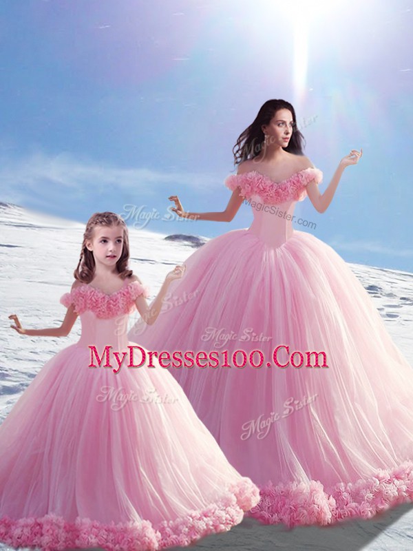 Modest Hand Made Flower Sweet 16 Quinceanera Dress Baby Pink Lace Up Sleeveless Brush Train