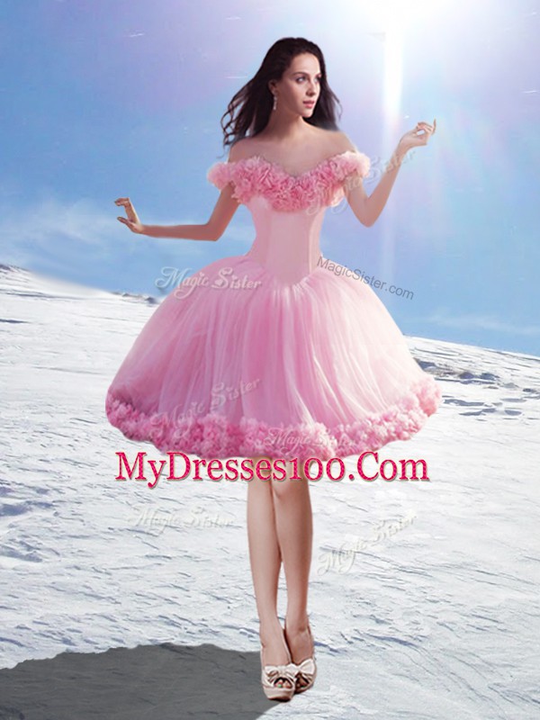 Baby Pink Lace Up Off The Shoulder Hand Made Flower Prom Dress Tulle Sleeveless
