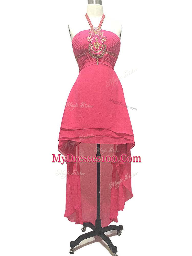 Modern Hot Pink Sleeveless Beading High Low Prom Party Dress