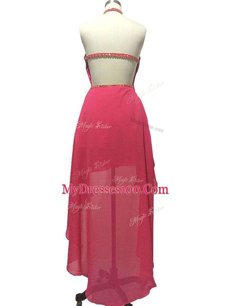 Modern Hot Pink Sleeveless Beading High Low Prom Party Dress