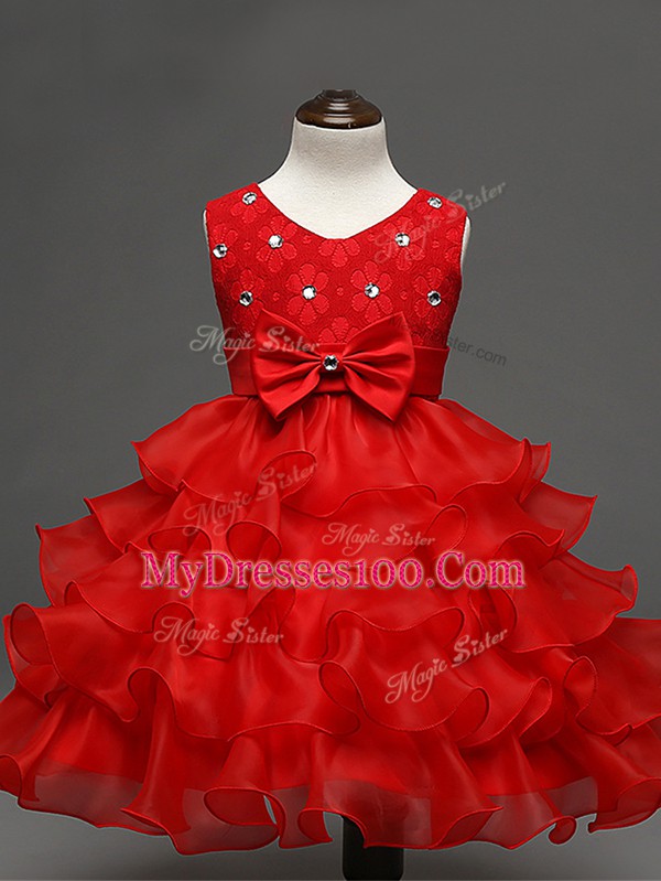 Organza Scoop Sleeveless Zipper Lace and Ruffled Layers and Bowknot Little Girls Pageant Gowns in Red