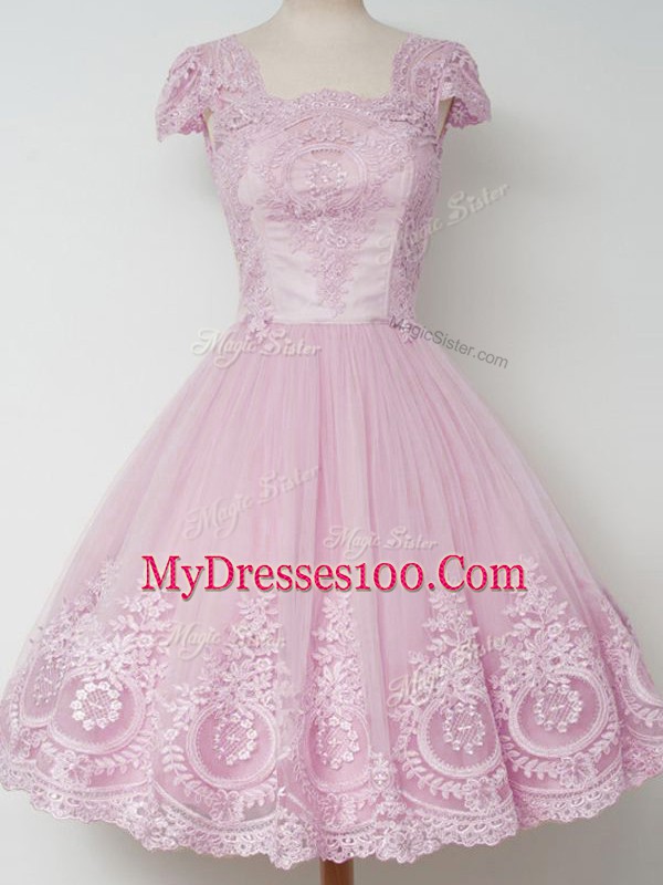 Lilac Square Zipper Lace Bridesmaid Dresses Cap Sleeves