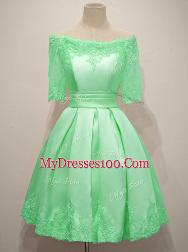 New Arrival Apple Green Lace Up Wedding Guest Dresses Lace Half Sleeves Knee Length