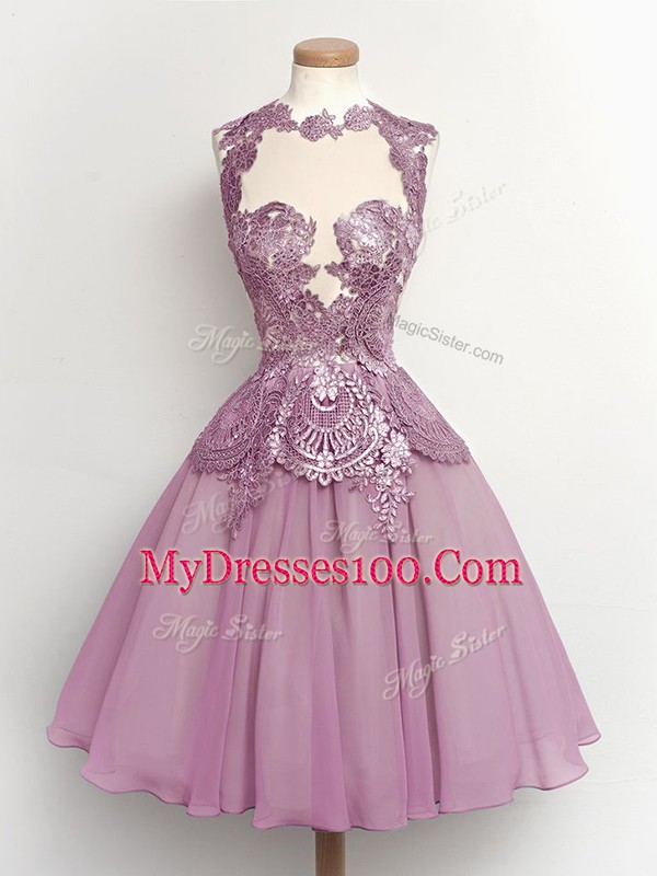 Lilac Quinceanera Court of Honor Dress Prom and Party and Wedding Party with Lace High-neck Sleeveless Lace Up