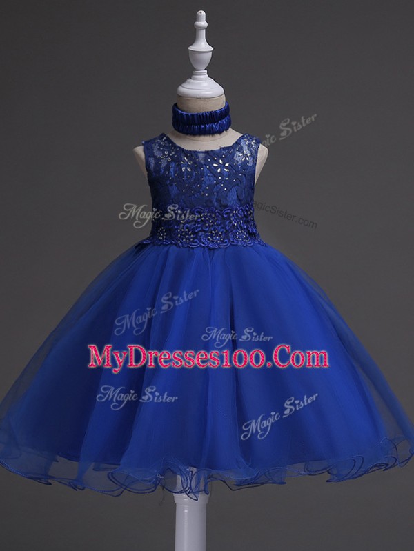 Royal Blue Organza Zipper Scoop Sleeveless Knee Length Little Girls Pageant Dress Wholesale Beading and Lace