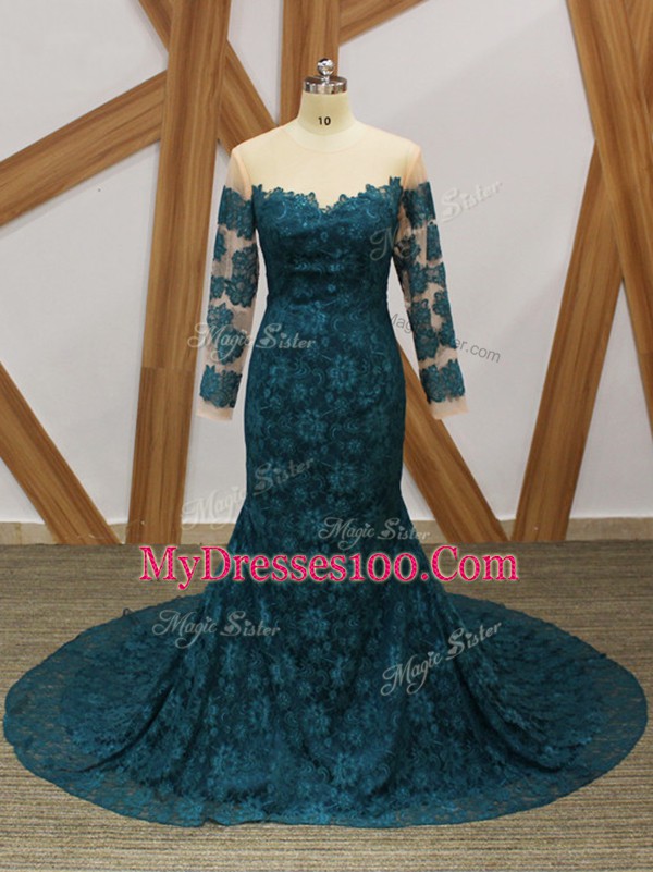 Teal Long Sleeves Lace Zipper Mother Of The Bride Dress for Prom and Party