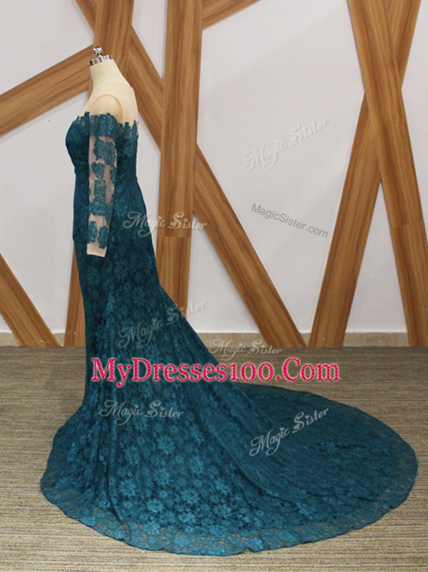 Teal Long Sleeves Lace Zipper Mother Of The Bride Dress for Prom and Party
