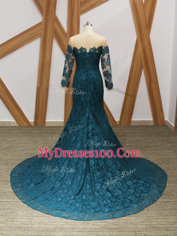 Teal Long Sleeves Lace Zipper Mother Of The Bride Dress for Prom and Party