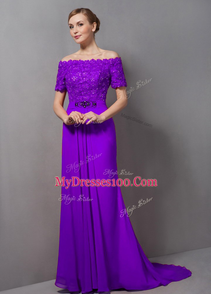 Vintage Eggplant Purple Chiffon Zipper Mother Of The Bride Dress Short Sleeves Sweep Train Lace