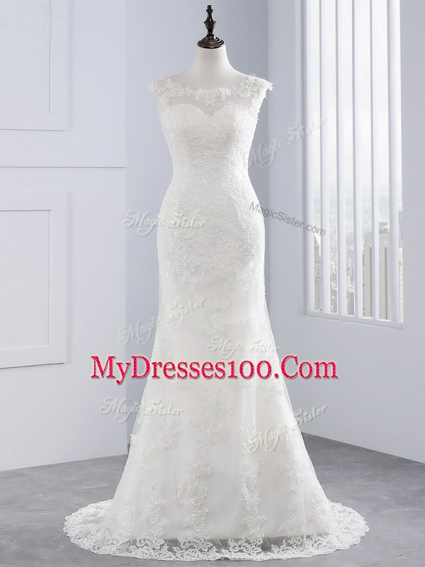 Classical Scoop Sleeveless Wedding Dresses Brush Train Lace White Lace