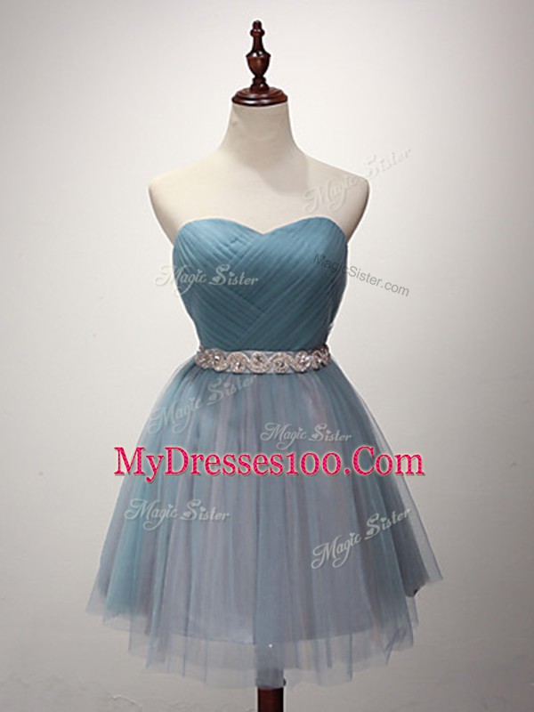 Sleeveless Tulle Mini Length Lace Up Dama Dress in Light Blue with Beading and Ruching