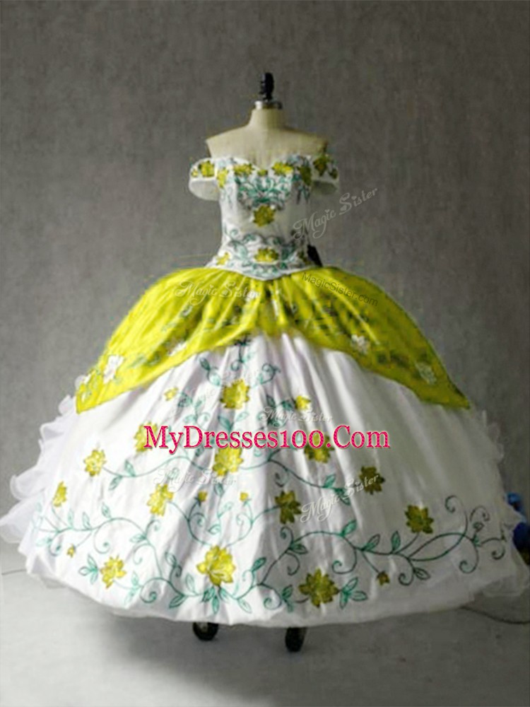 Multi-color Off The Shoulder Neckline Embroidery and Ruffles Sweet 16 Quinceanera Dress Cap Sleeves Lace Up