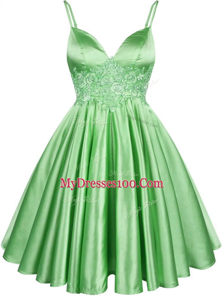 Glorious Knee Length Green Bridesmaid Gown Spaghetti Straps Sleeveless Lace Up