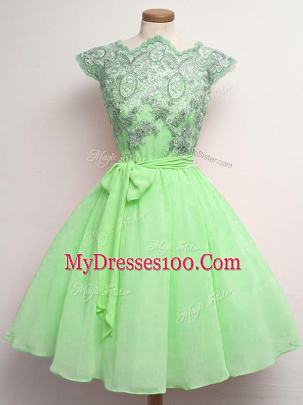 A-line Scalloped Cap Sleeves Chiffon Knee Length Lace Up Lace and Belt Wedding Guest Dresses